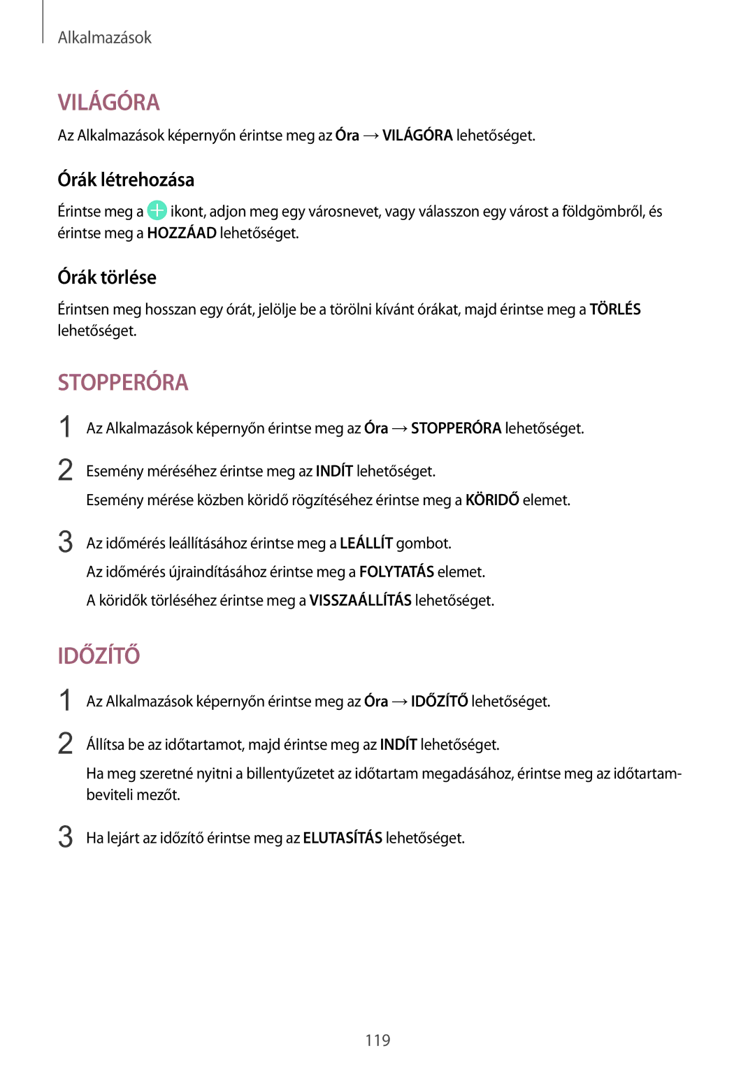 Samsung SM-G930FZDAXEH manual Órák létrehozása, Órák törlése 