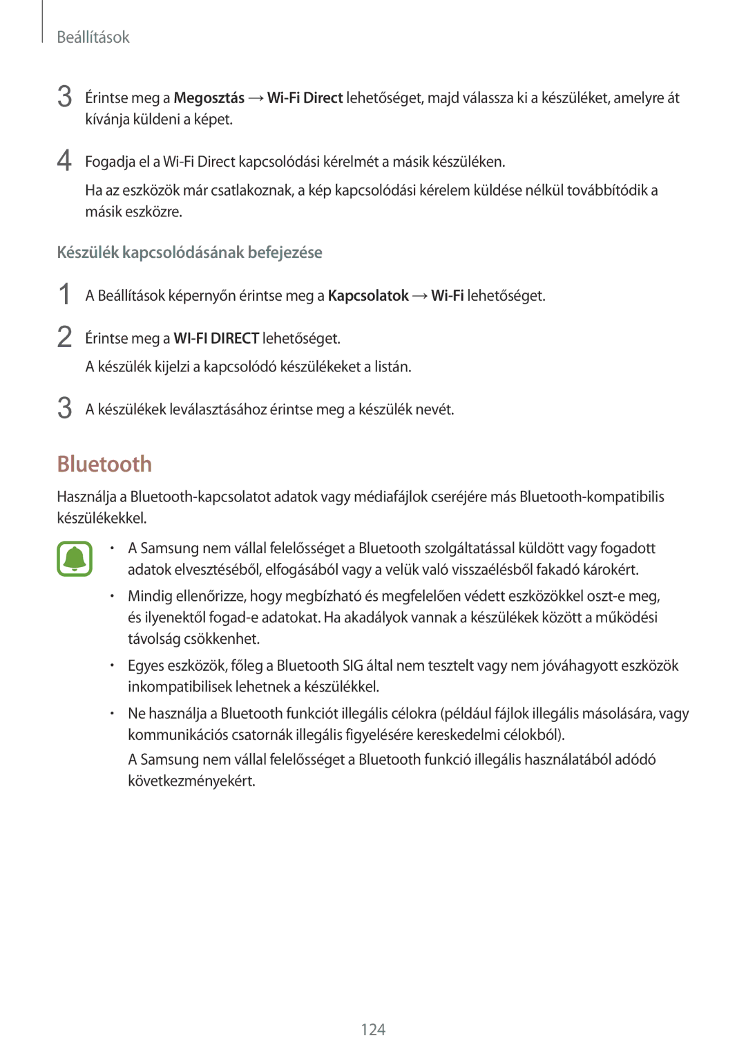 Samsung SM-G930FZDAXEH manual Bluetooth, Készülék kapcsolódásának befejezése 