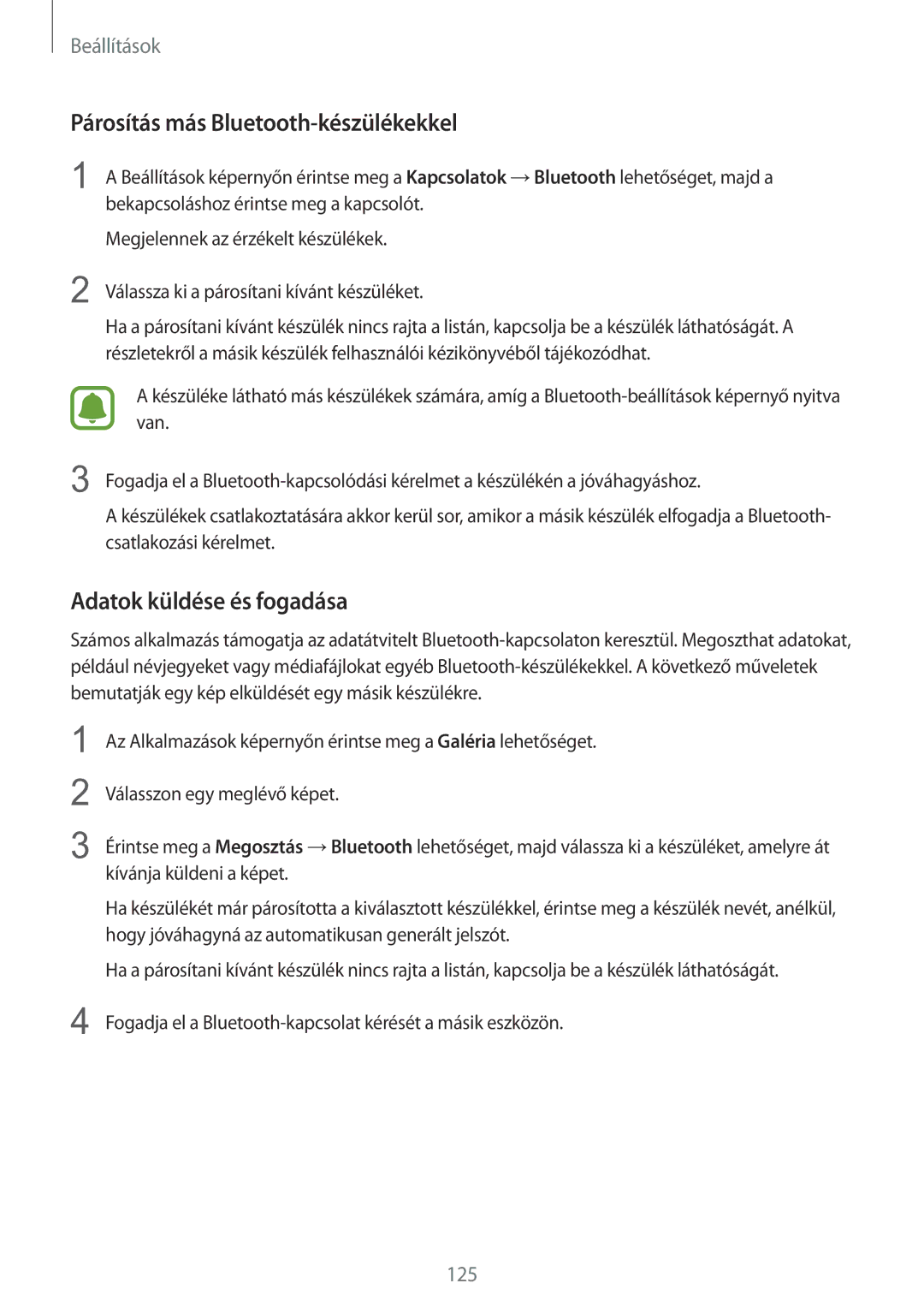 Samsung SM-G930FZDAXEH manual Párosítás más Bluetooth-készülékekkel, Adatok küldése és fogadása 