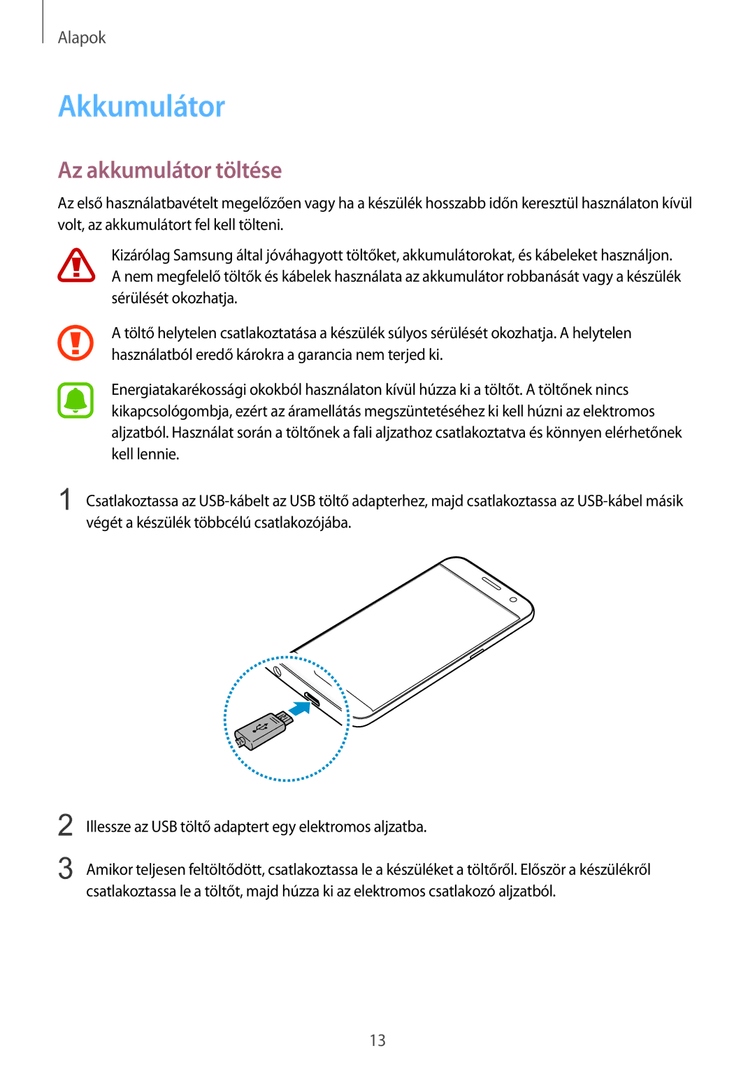 Samsung SM-G930FZDAXEH manual Akkumulátor, Az akkumulátor töltése 