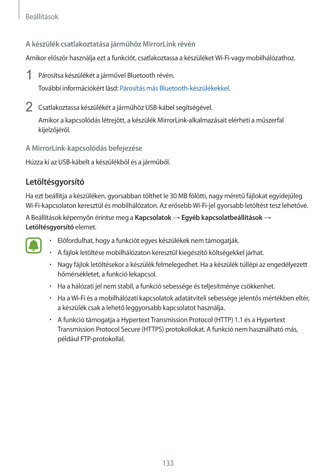 Samsung SM-G930FZDAXEH manual Letöltésgyorsító, Készülék csatlakoztatása járműhöz MirrorLink révén 