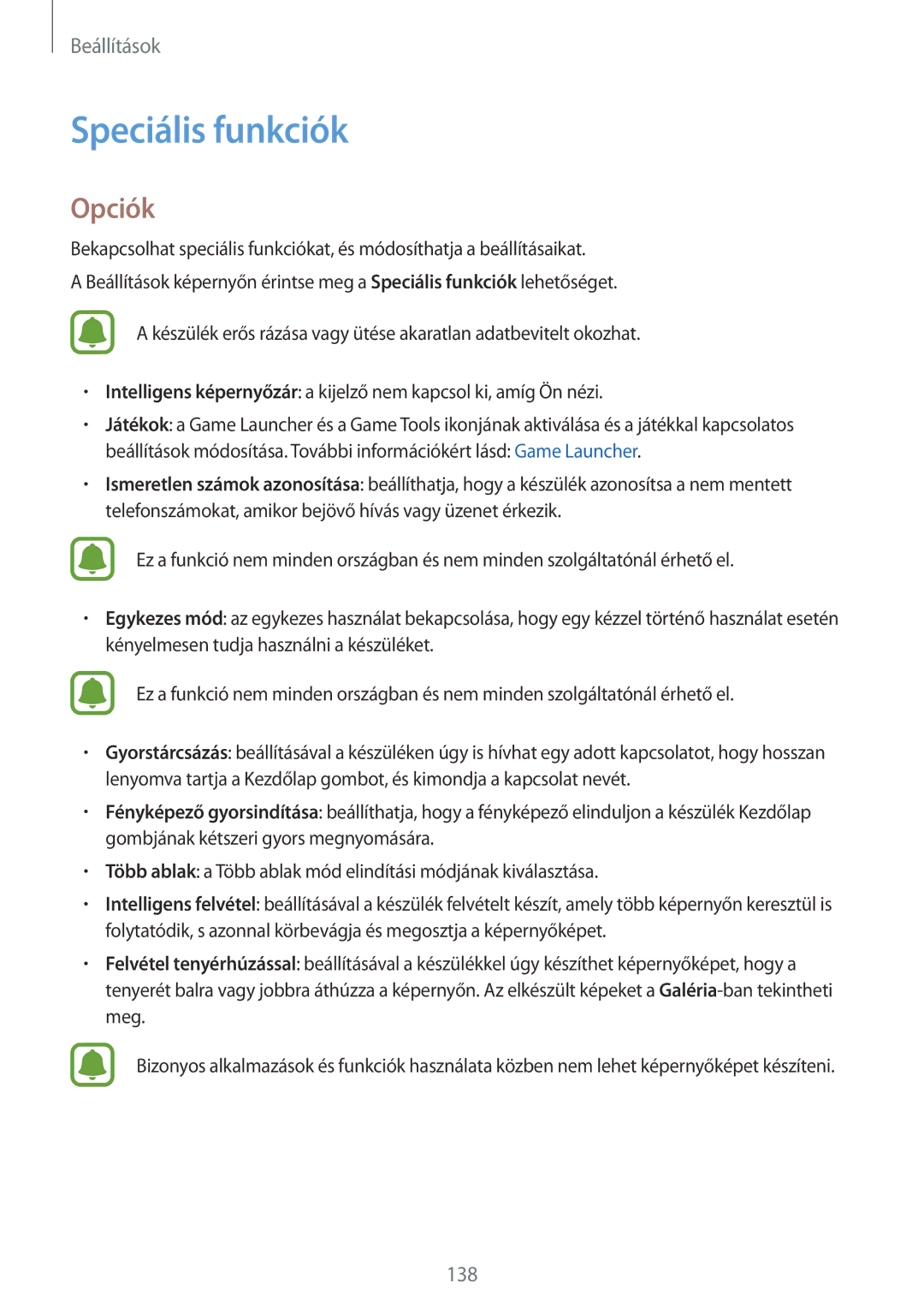 Samsung SM-G930FZDAXEH manual Speciális funkciók, Opciók 