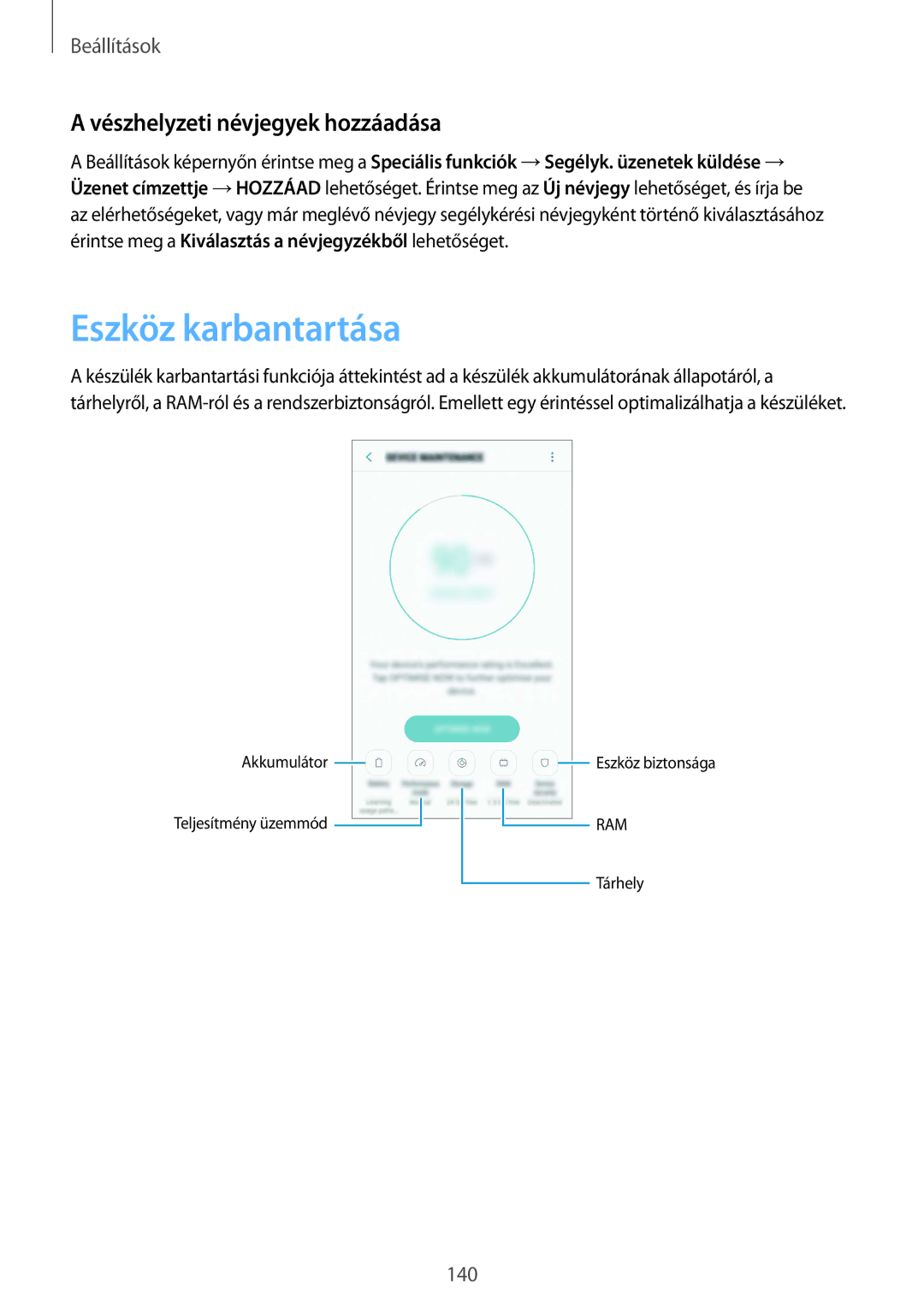 Samsung SM-G930FZDAXEH manual Eszköz karbantartása, Vészhelyzeti névjegyek hozzáadása 