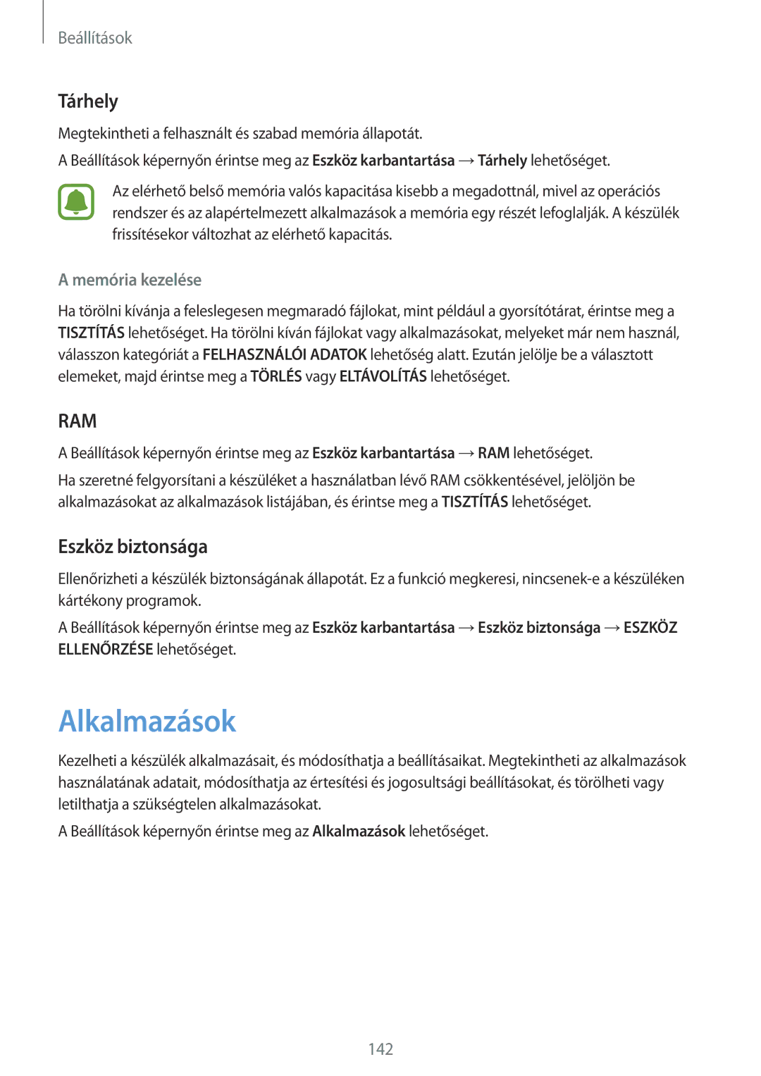 Samsung SM-G930FZDAXEH manual Alkalmazások, Tárhely, Eszköz biztonsága, Memória kezelése 