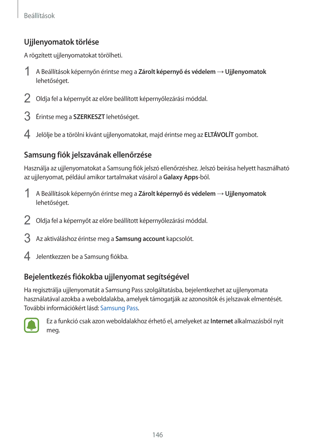 Samsung SM-G930FZDAXEH manual Ujjlenyomatok törlése, Samsung fiók jelszavának ellenőrzése 