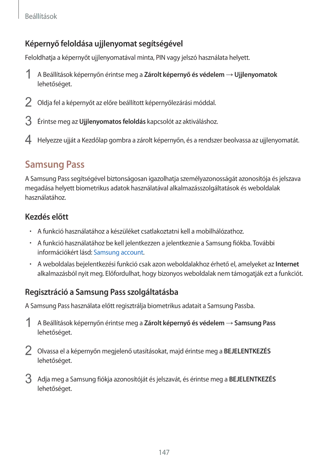 Samsung SM-G930FZDAXEH manual Samsung Pass, Képernyő feloldása ujjlenyomat segítségével 