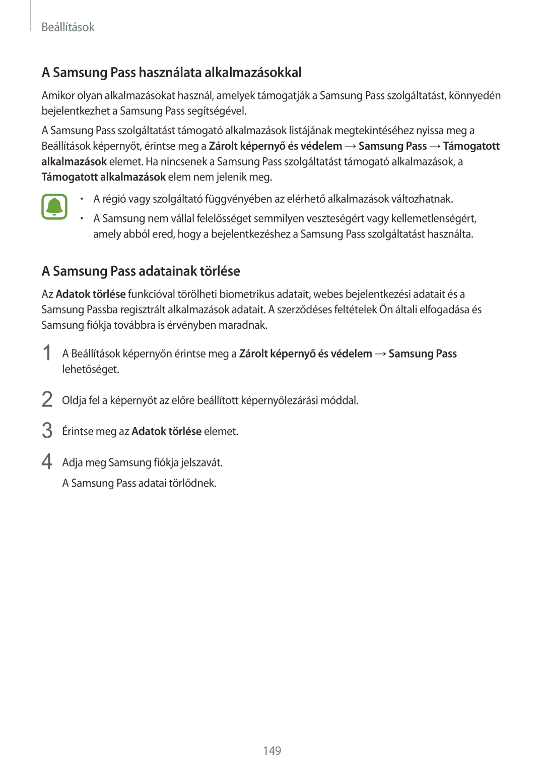 Samsung SM-G930FZDAXEH manual Samsung Pass használata alkalmazásokkal, Samsung Pass adatainak törlése 