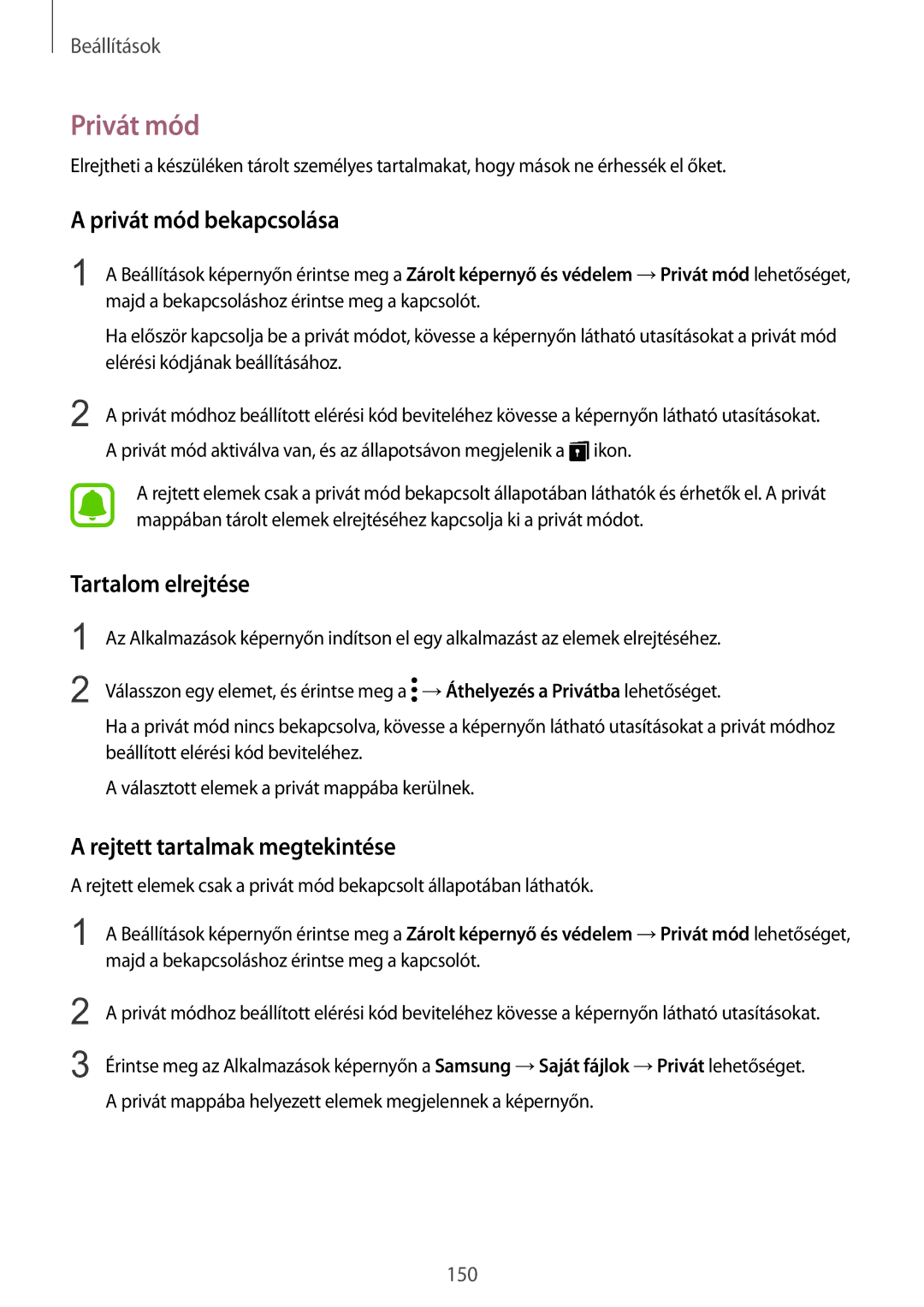 Samsung SM-G930FZDAXEH manual Privát mód bekapcsolása, Tartalom elrejtése, Rejtett tartalmak megtekintése 