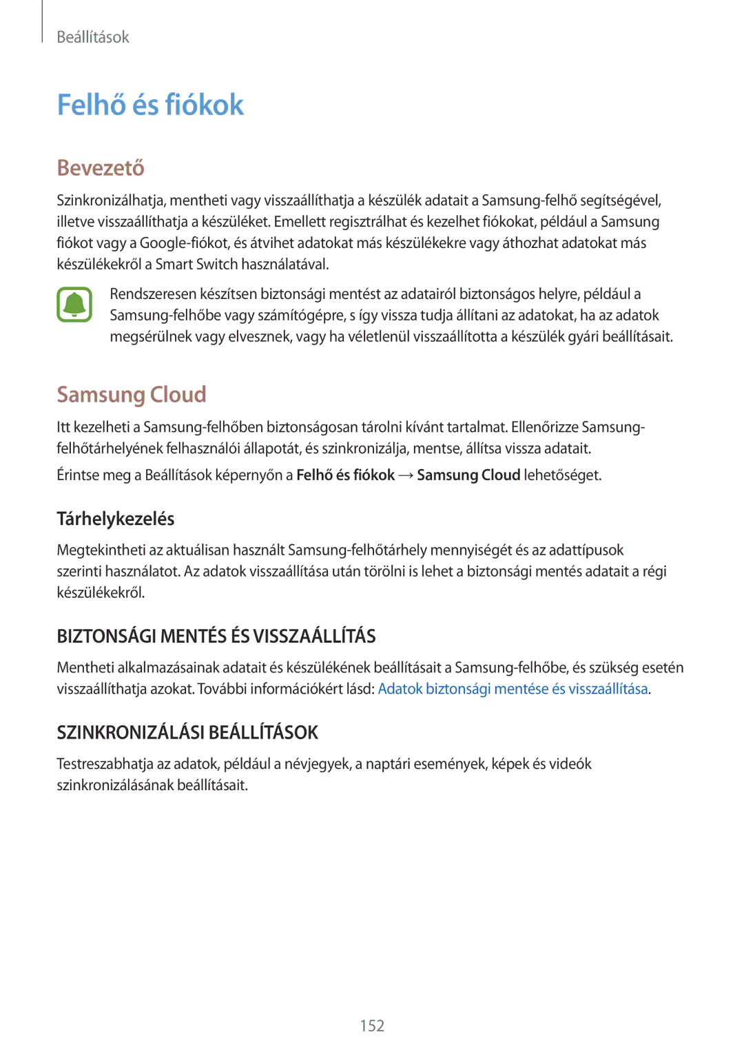 Samsung SM-G930FZDAXEH manual Felhő és fiókok, Samsung Cloud, Tárhelykezelés 