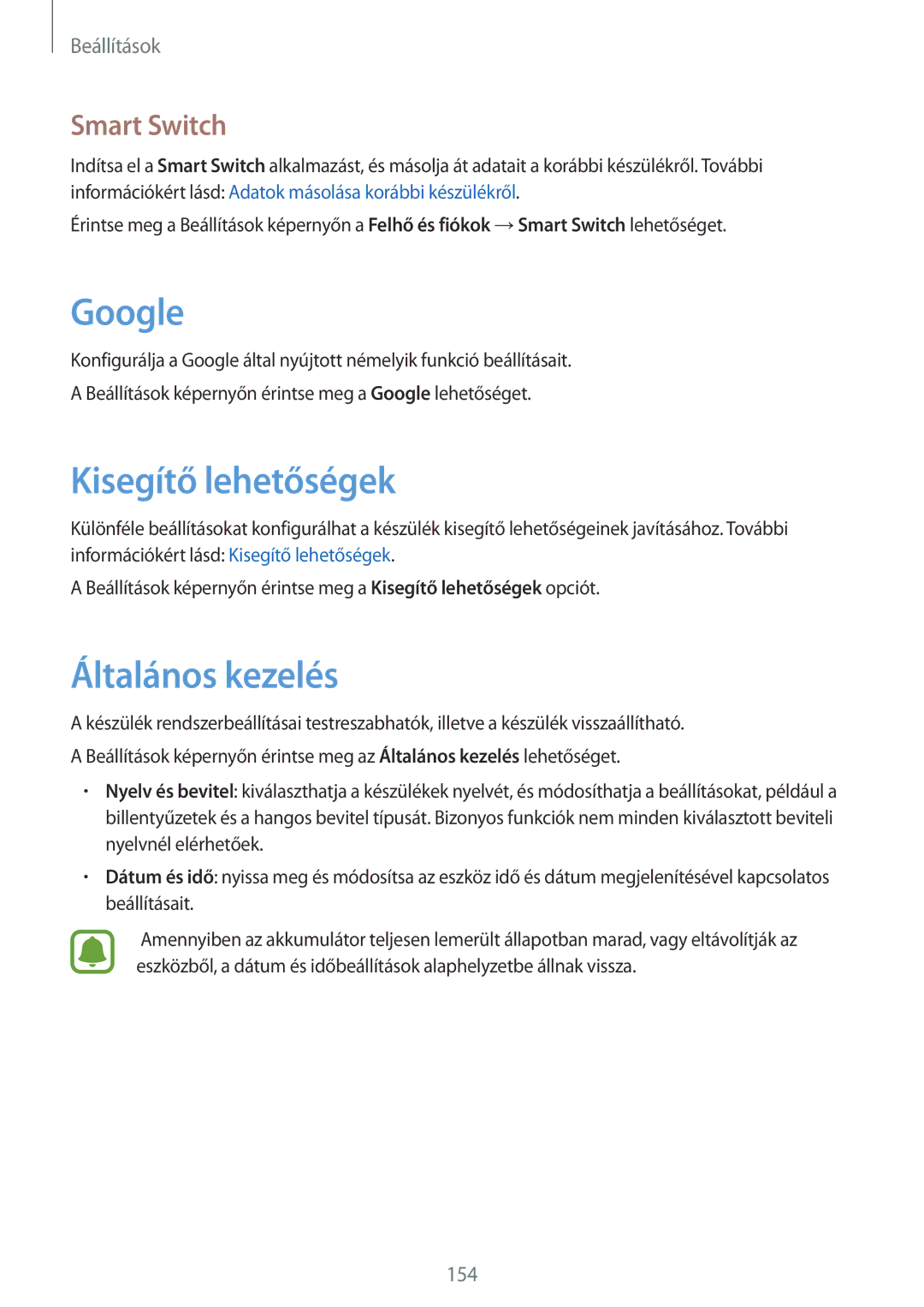 Samsung SM-G930FZDAXEH manual Google, Kisegítő lehetőségek, Általános kezelés, Smart Switch 