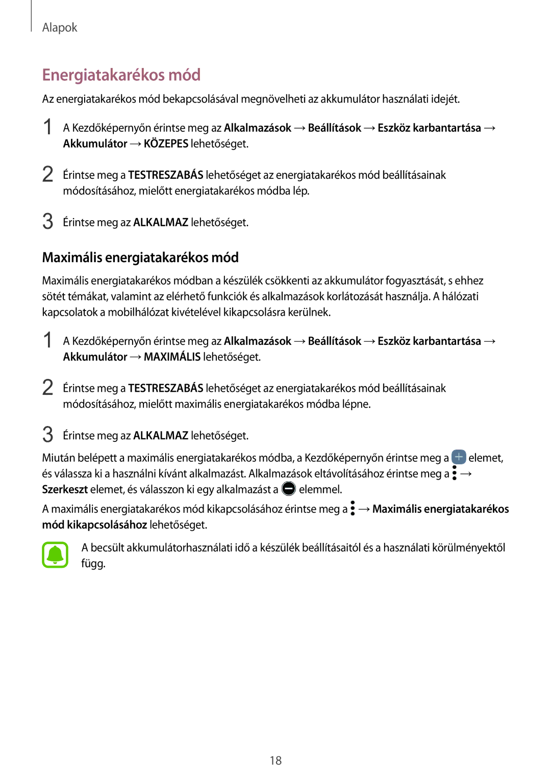 Samsung SM-G930FZDAXEH manual Energiatakarékos mód, Maximális energiatakarékos mód 