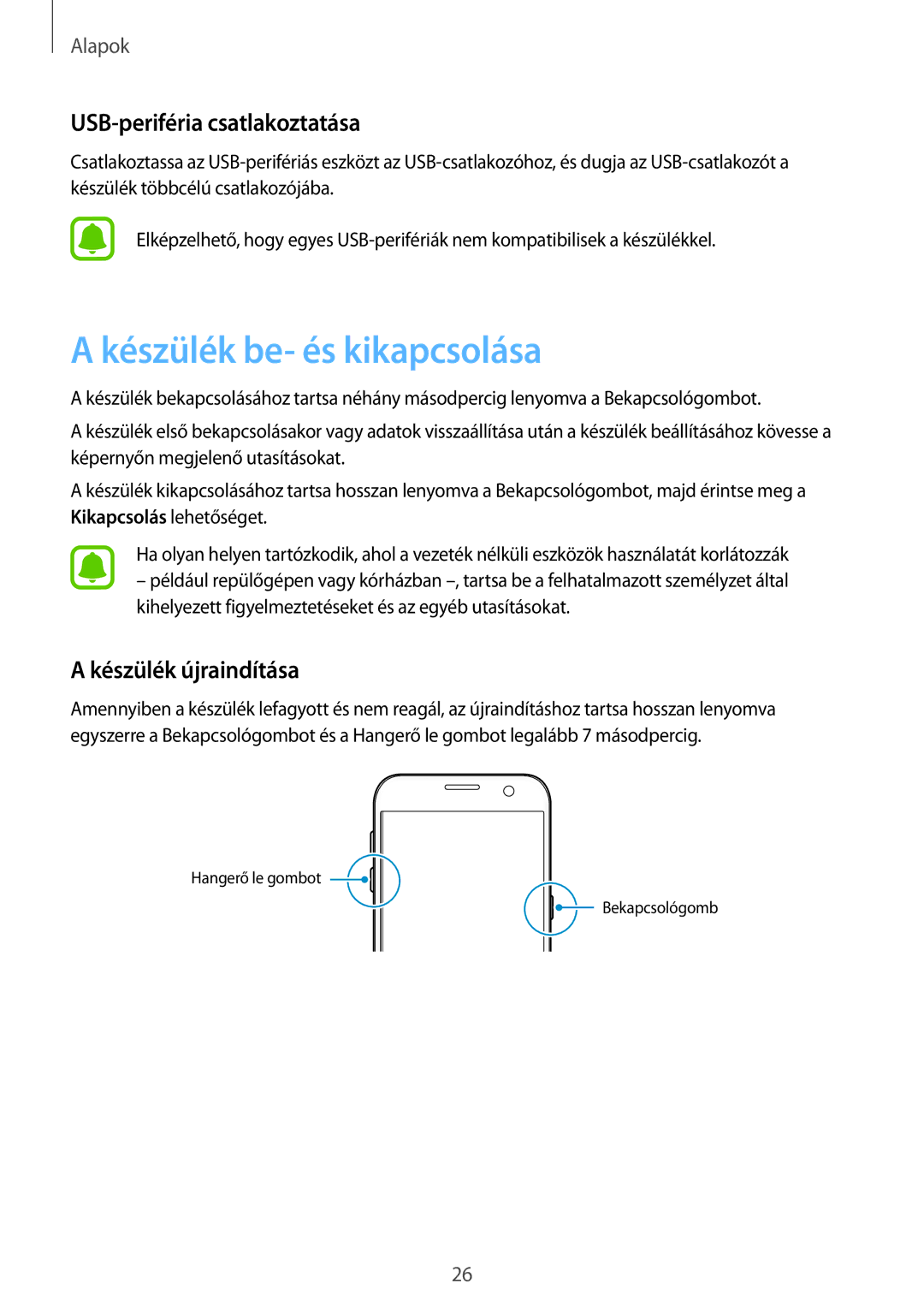 Samsung SM-G930FZDAXEH manual Készülék be- és kikapcsolása, USB-periféria csatlakoztatása, Készülék újraindítása 