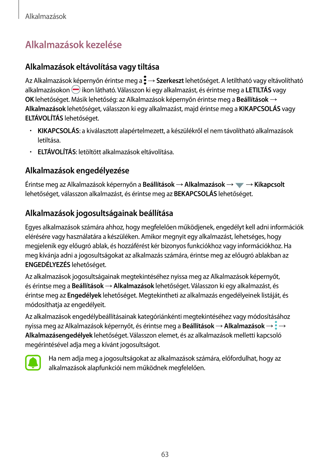 Samsung SM-G930FZDAXEH manual Alkalmazások kezelése, Alkalmazások eltávolítása vagy tiltása, Alkalmazások engedélyezése 