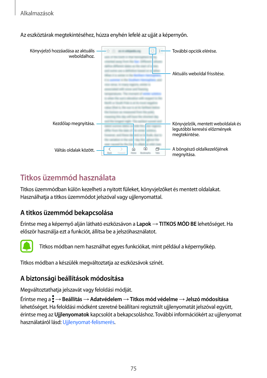 Samsung SM-G930FZDAXEH manual Titkos üzemmód használata, Titkos üzemmód bekapcsolása, Biztonsági beállítások módosítása 