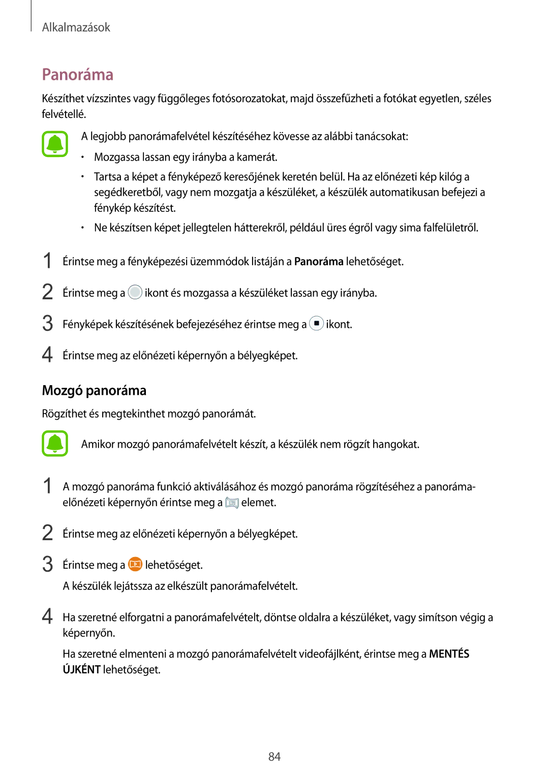 Samsung SM-G930FZDAXEH manual Panoráma, Mozgó panoráma 