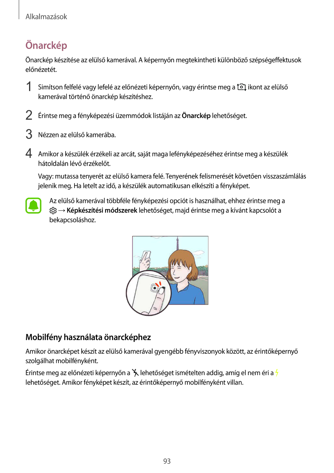 Samsung SM-G930FZDAXEH manual Önarckép, Mobilfény használata önarcképhez 