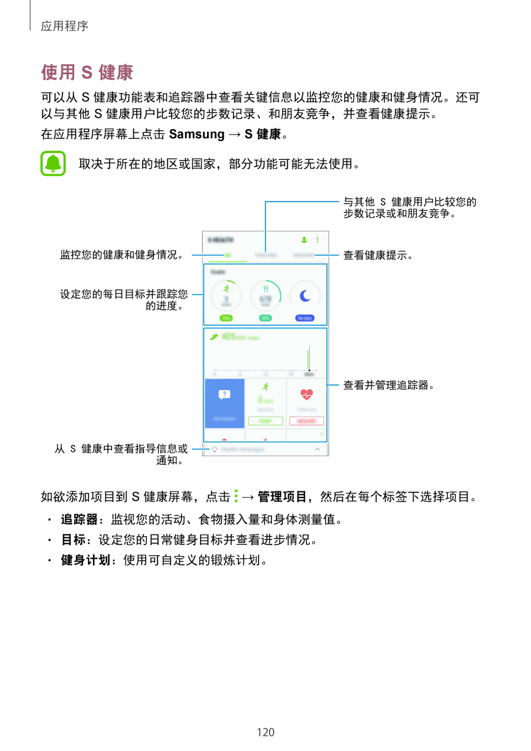 Samsung SM-G930FZDUXXV, SM-G930FZKUXXV, SM-G930FZSUXXV manual 使用 S 健康, 在应用程序屏幕上点击 Samsung → S 健康。 取决于所在的地区或国家，部分功能可能无法使用。 