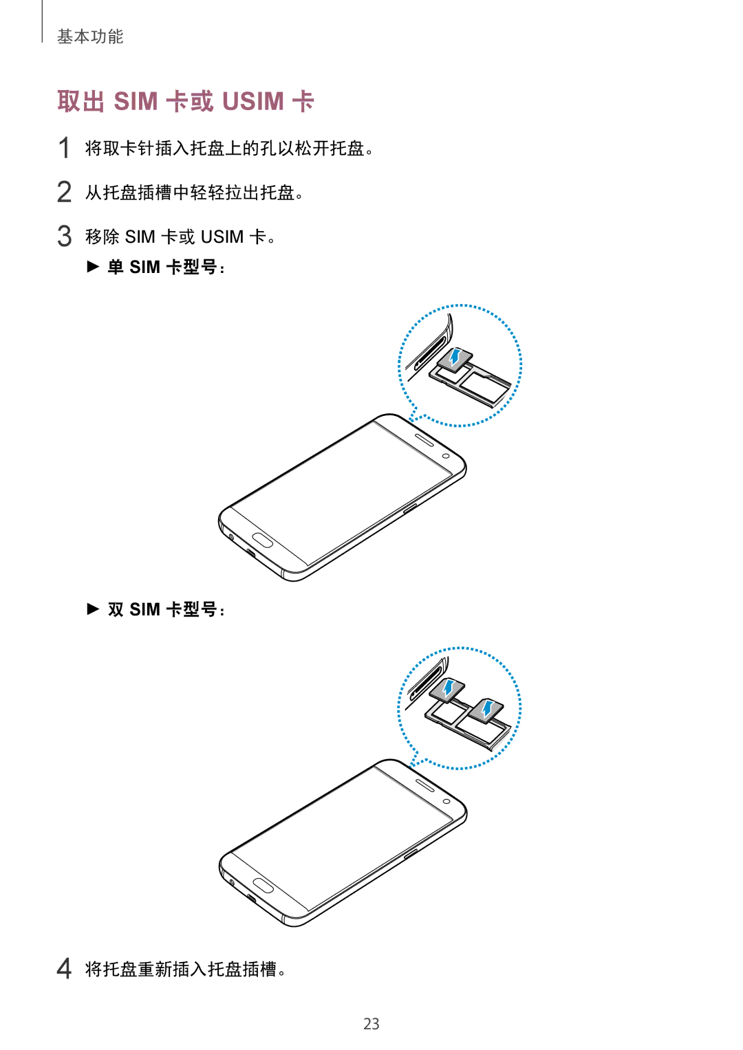 Samsung SM-G930FZSUXXV, SM-G930FZDUXXV, SM-G930FZKUXXV manual 将取卡针插入托盘上的孔以松开托盘。 从托盘插槽中轻轻拉出托盘。, Sim 卡型号： 将托盘重新插入托盘插槽。 