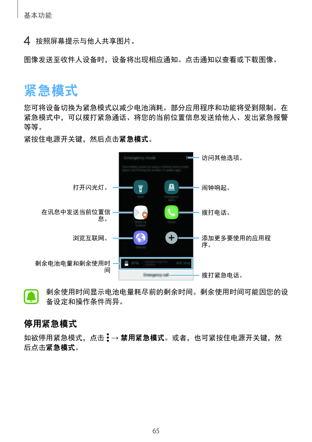 Samsung SM-G930FZSUXXV, SM-G930FZDUXXV 停用紧急模式, 按照屏幕提示与他人共享图片。 图像发送至收件人设备时，设备将出现相应通知。点击通知以查看或下载图像。, 紧按住电源开关键，然后点击紧急模式。 