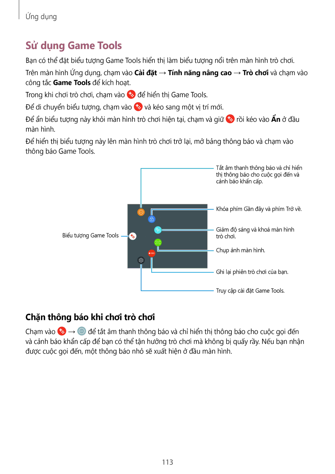 Samsung SM-G930FZSUXXV, SM-G930FZDUXXV, SM-G930FZKUXXV manual Sử dụng Game Tools, Chặn thông báo khi chơi trò chơi, 113 