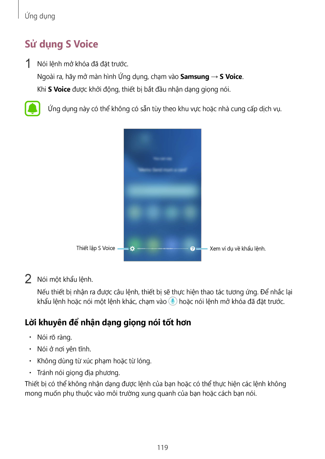 Samsung SM-G930FZSUXXV, SM-G930FZDUXXV, SM-G930FZKUXXV manual Sử dụng S Voice, Lời khuyên để nhận dạng giọng nói tốt hơn, 119 