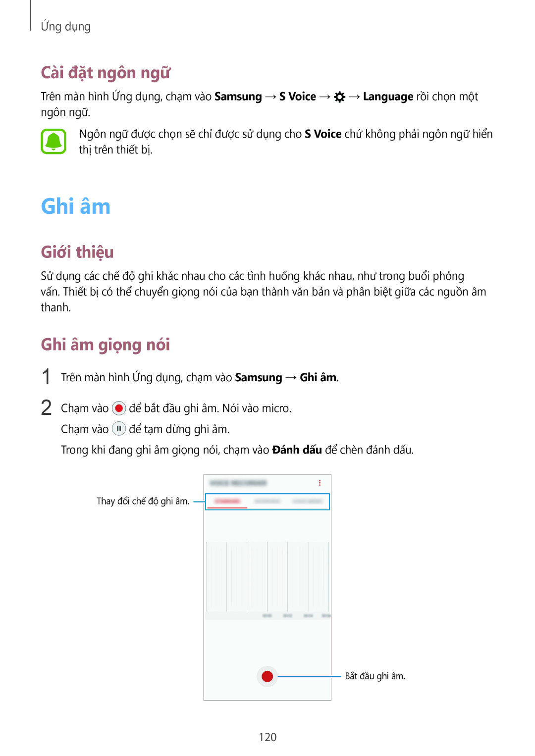 Samsung SM-G930FZDUXXV, SM-G930FZKUXXV, SM-G930FZSUXXV manual Cài đặt ngôn ngữ, Ghi âm giọng nói, 120 