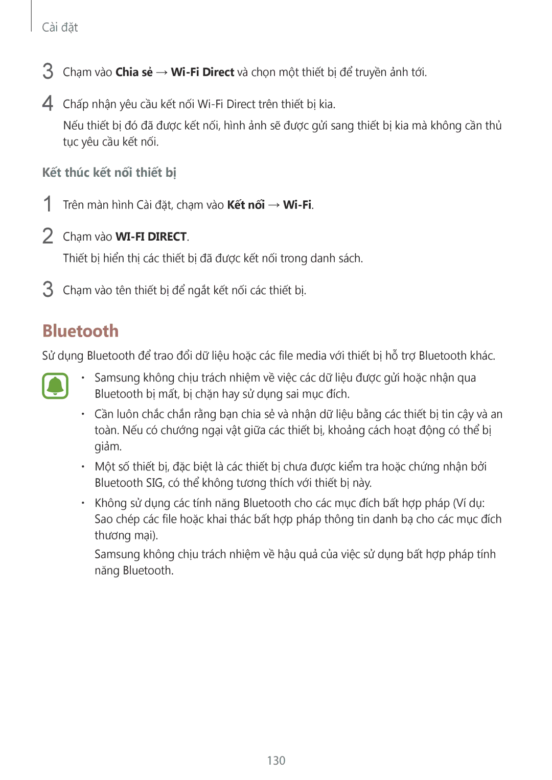 Samsung SM-G930FZKUXXV, SM-G930FZDUXXV, SM-G930FZSUXXV manual Bluetooth, Kết thúc kết nối thiết bị, 130 