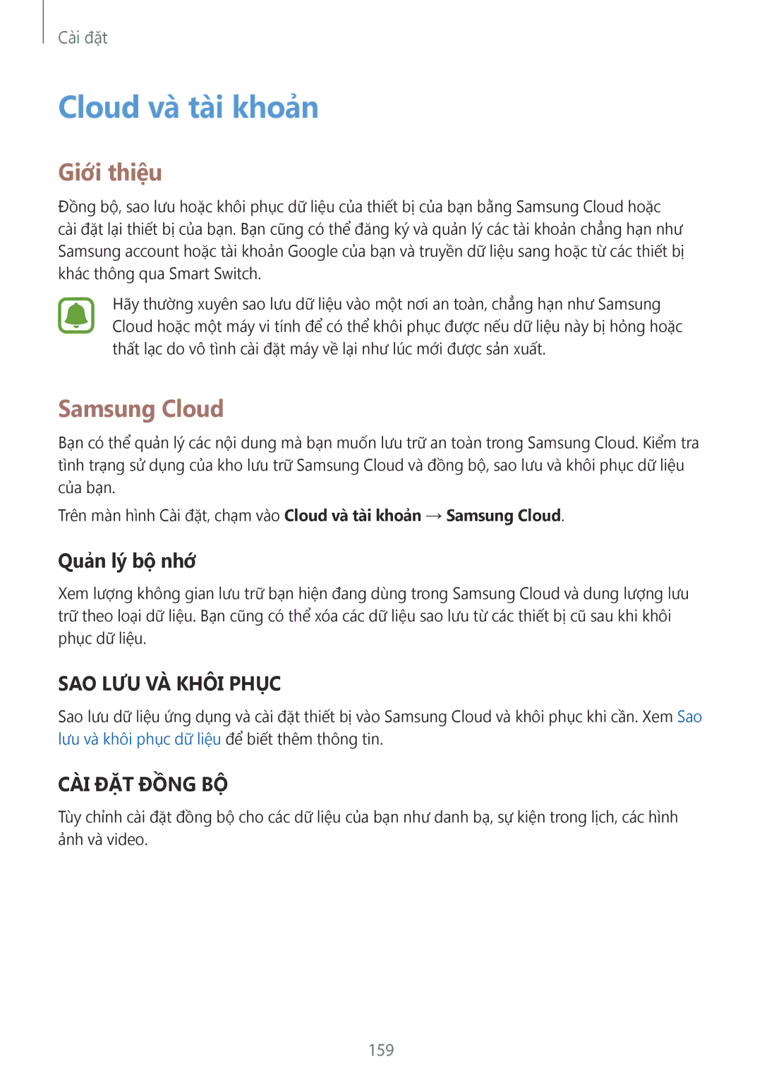 Samsung SM-G930FZDUXXV, SM-G930FZKUXXV, SM-G930FZSUXXV manual Cloud và tài khoản, Samsung Cloud, Quan ly bô nhơ, 159 