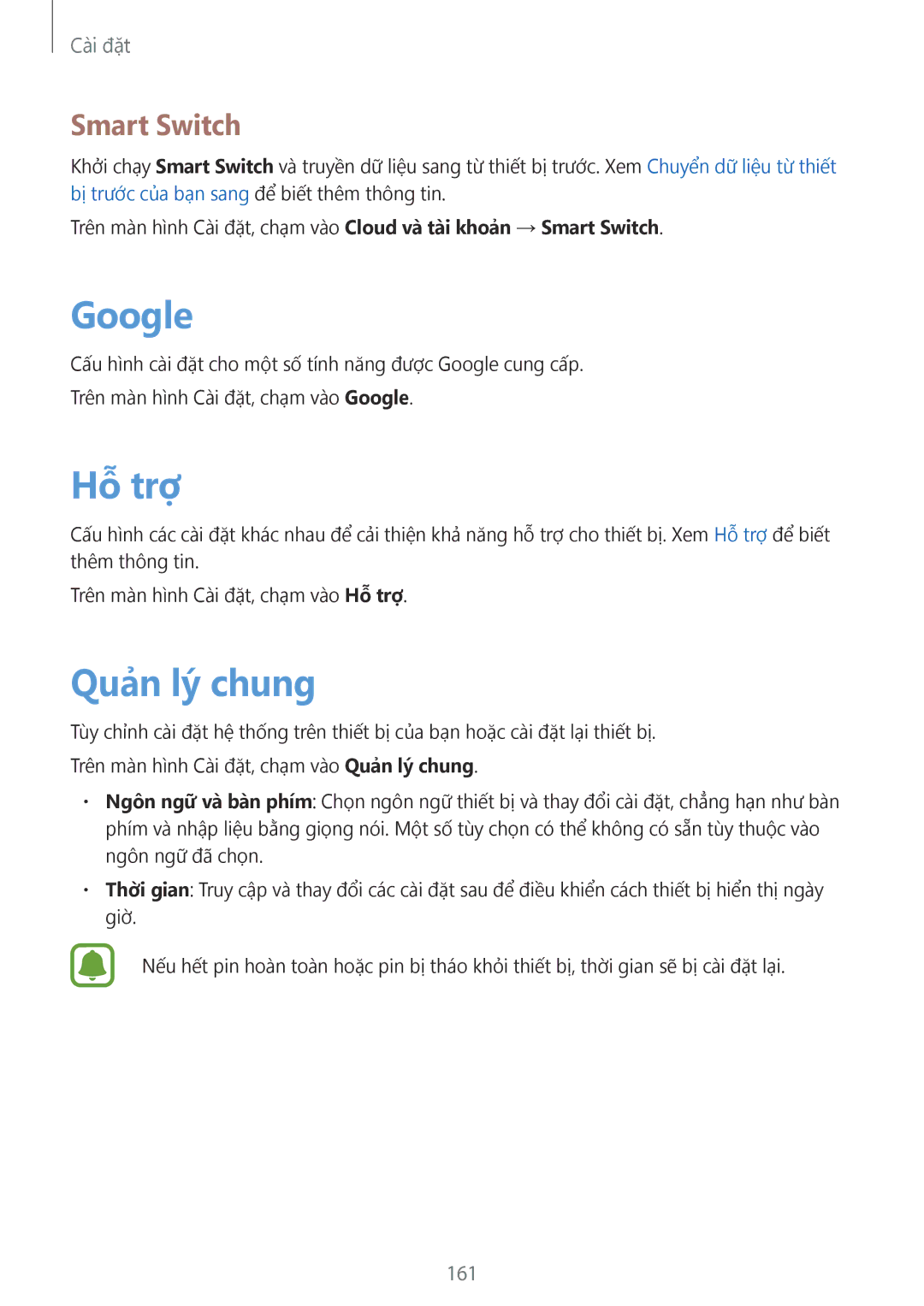 Samsung SM-G930FZSUXXV, SM-G930FZDUXXV, SM-G930FZKUXXV manual Google, Hỗ trợ, Quản lý chung, Smart Switch, 161 
