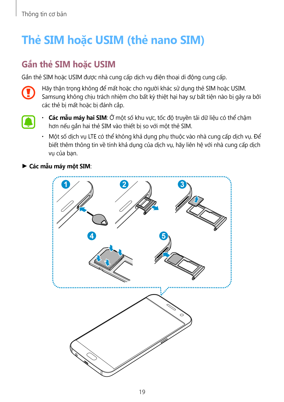 Samsung SM-G930FZKUXXV, SM-G930FZDUXXV manual Thẻ SIM hoặc Usim thẻ nano SIM, Gắn thẻ SIM hoặc Usim, Các mẫu máy một SIM 