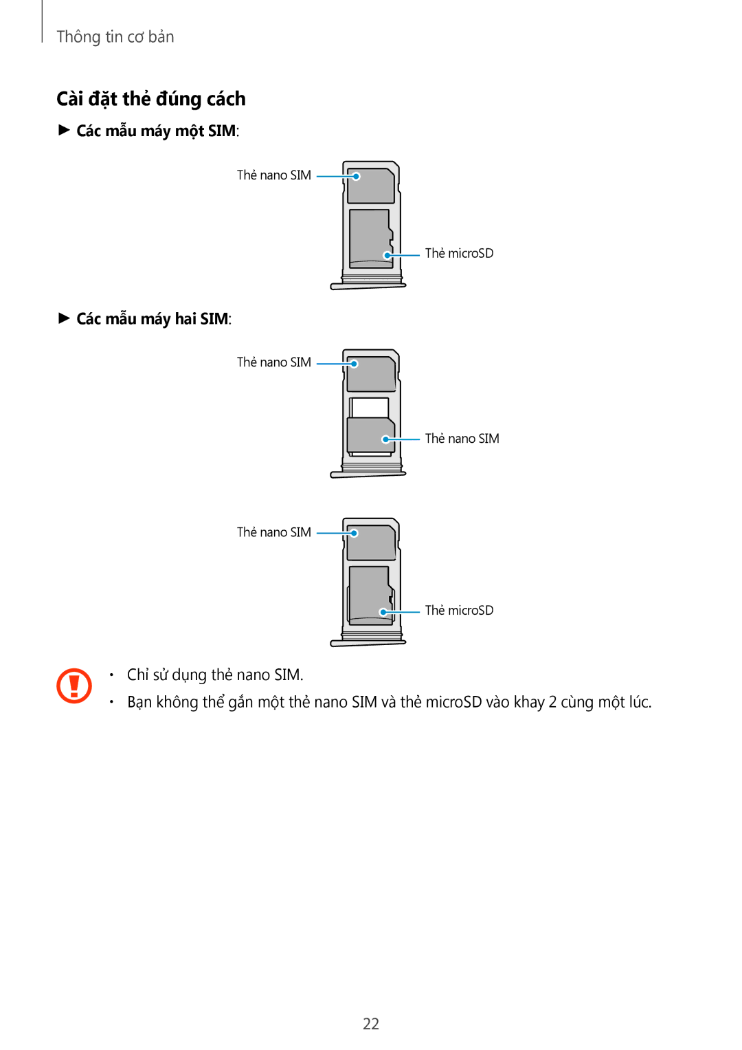 Samsung SM-G930FZKUXXV, SM-G930FZDUXXV, SM-G930FZSUXXV manual Cài đặt thẻ đúng cách, Các mẫu máy một SIM 