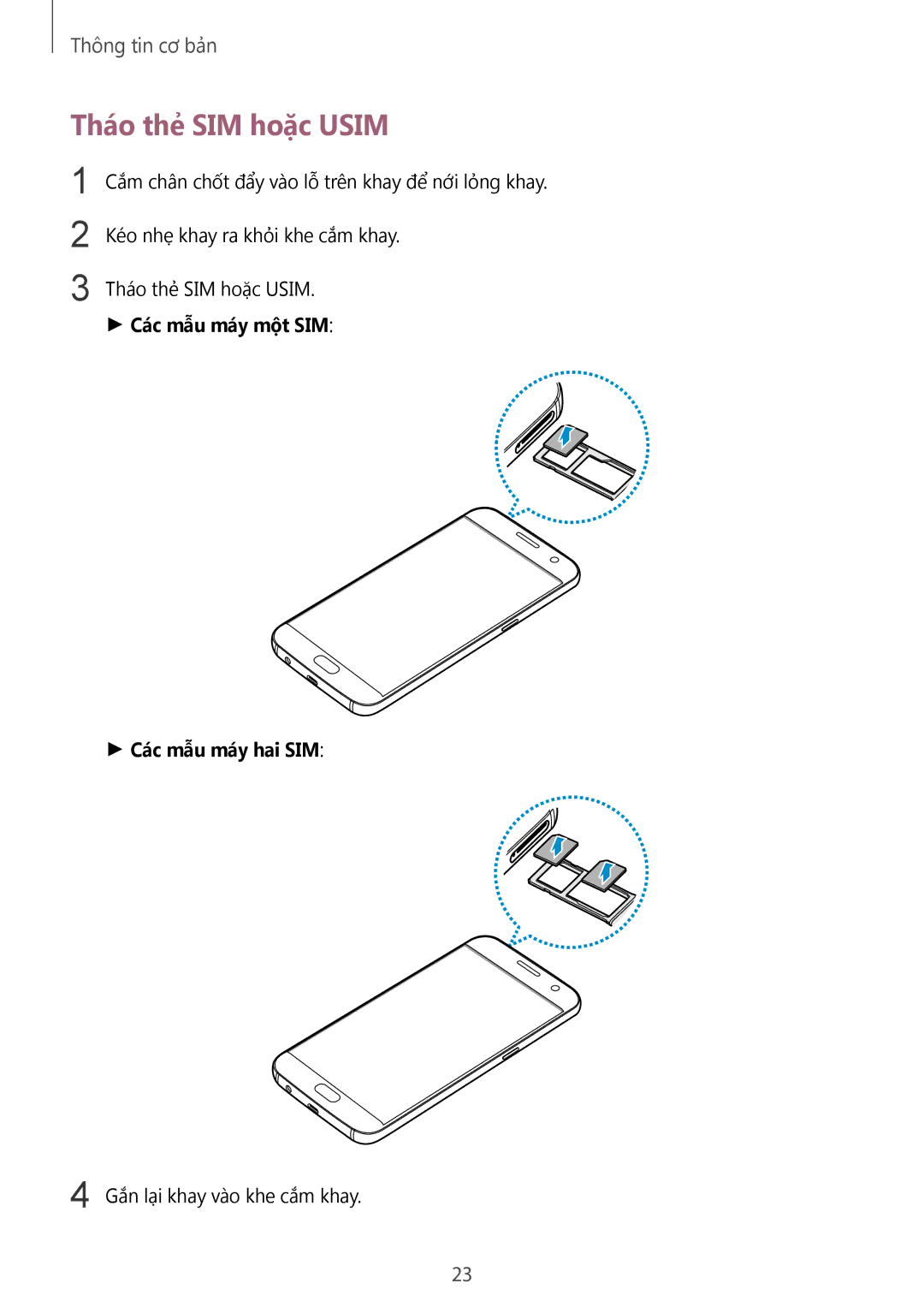 Samsung SM-G930FZSUXXV, SM-G930FZDUXXV, SM-G930FZKUXXV manual Tháo thẻ SIM hoặc Usim, Các mẫu máy một SIM Các mẫu máy hai SIM 