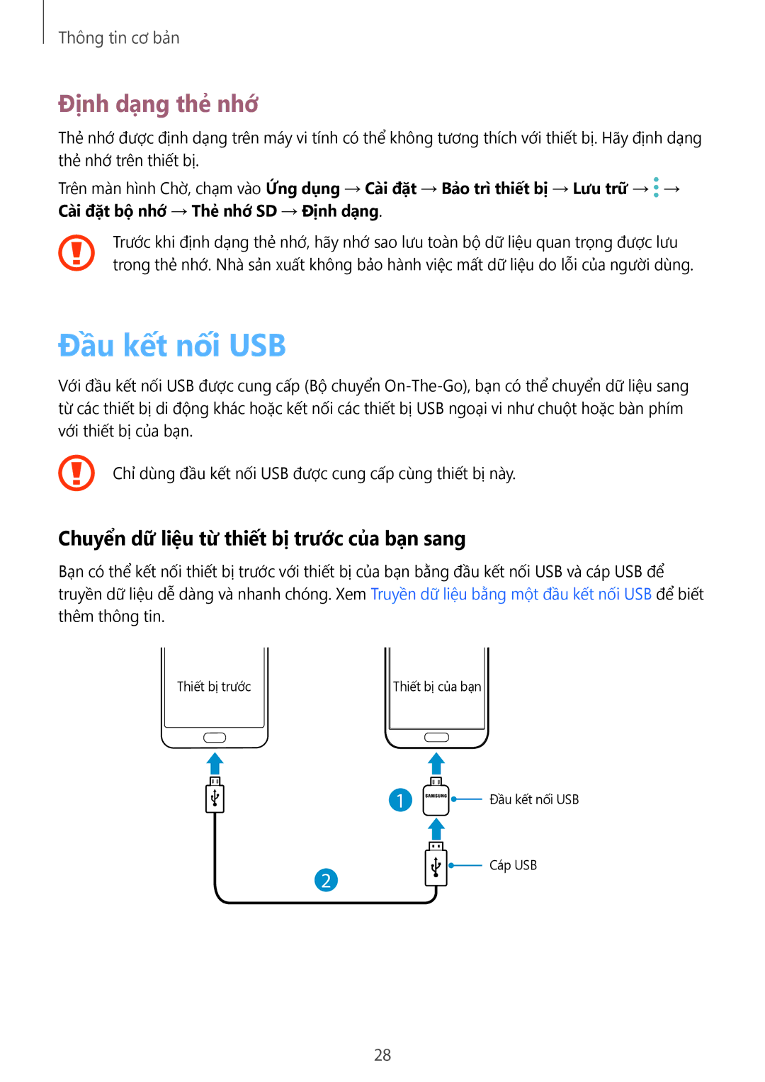 Samsung SM-G930FZKUXXV, SM-G930FZDUXXV Đầu kết nối USB, Định dạng thẻ nhớ, Chuyển dữ liệu từ thiết bị trước của bạn sang 
