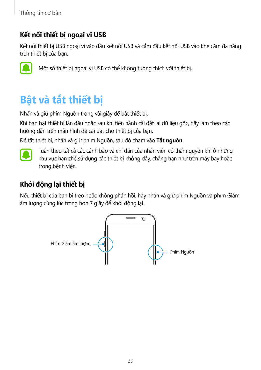 Samsung SM-G930FZSUXXV, SM-G930FZDUXXV manual Bật và tắt thiết bị, Kết nối thiết bị ngoại vi USB, Khởi động lại thiết bị 