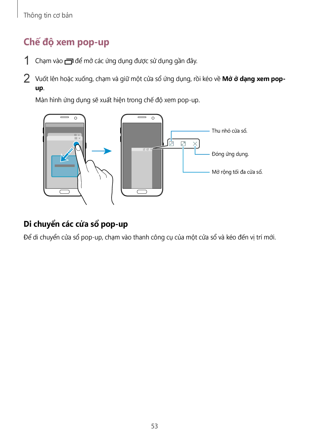 Samsung SM-G930FZSUXXV, SM-G930FZDUXXV, SM-G930FZKUXXV manual Chế độ xem pop-up, Di chuyển các cửa sổ pop-up 