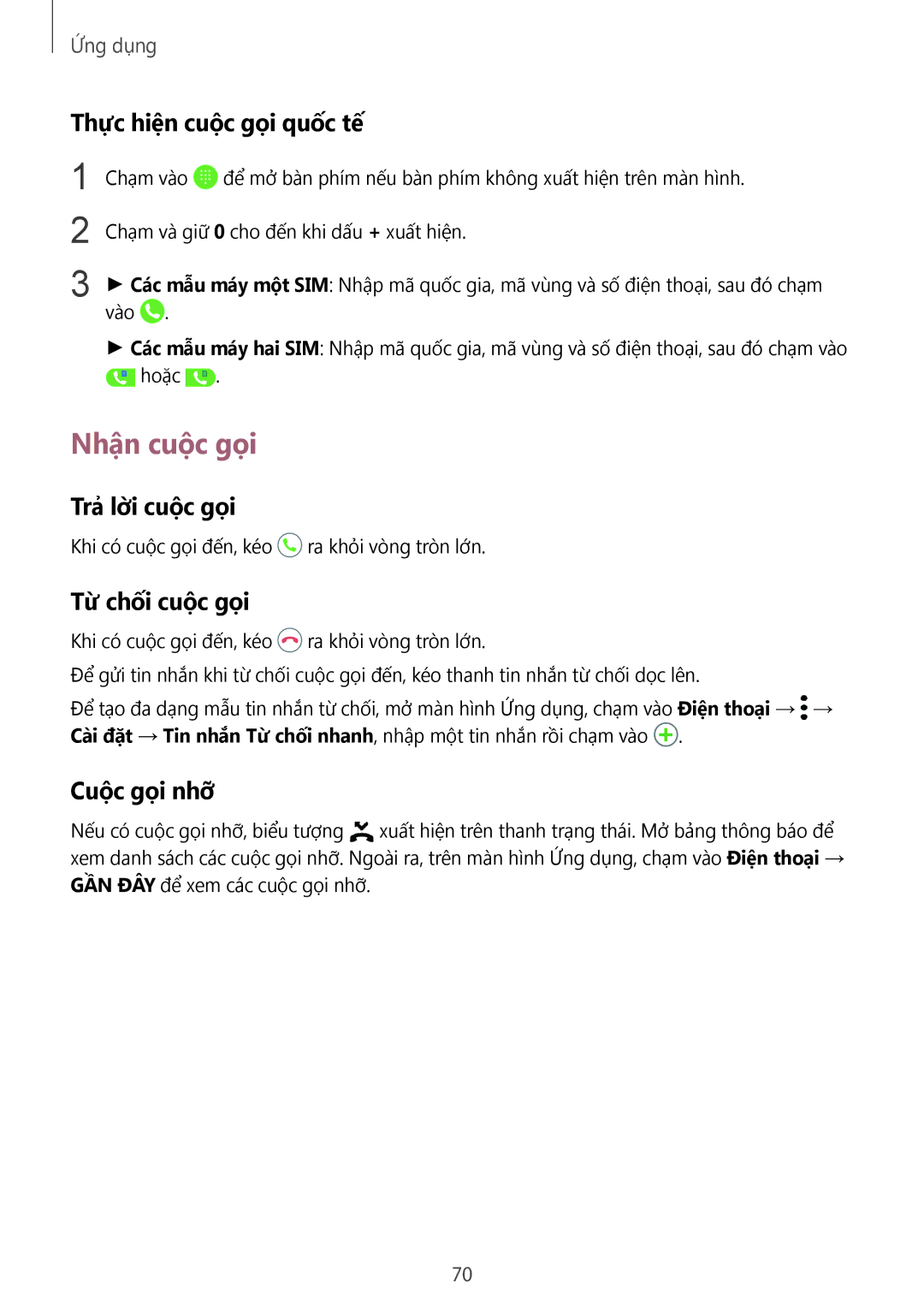 Samsung SM-G930FZKUXXV manual Nhận cuộc gọi, Thực hiện cuộc gọi quốc tế, Trả lời cuộc gọi, Tư chối cuôc goi, Cuộc gọi nhỡ 