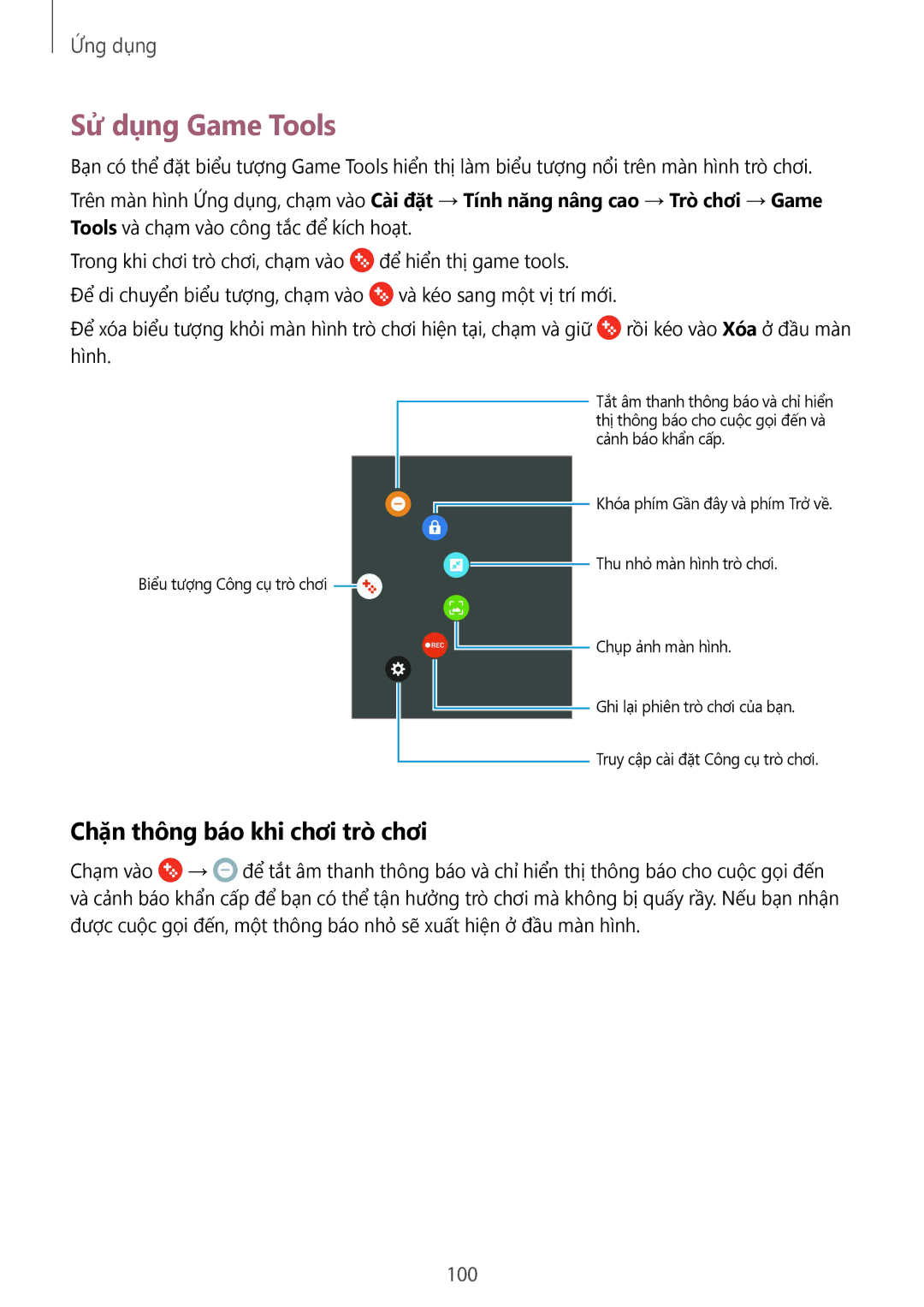 Samsung SM-G930FZKUXXV, SM-G930FZDUXXV, SM-G930FZSUXXV manual Sử dụng Game Tools, Chặn thông báo khi chơi trò chơi, 100 