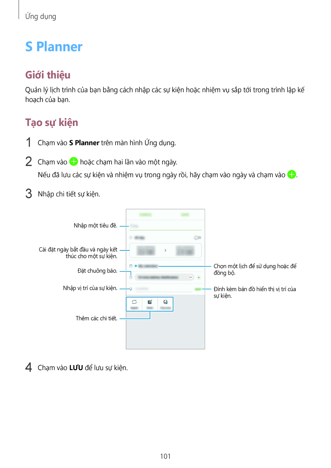 Samsung SM-G930FZSUXXV, SM-G930FZDUXXV, SM-G930FZKUXXV manual Planner, Tạo sự kiện, 101 