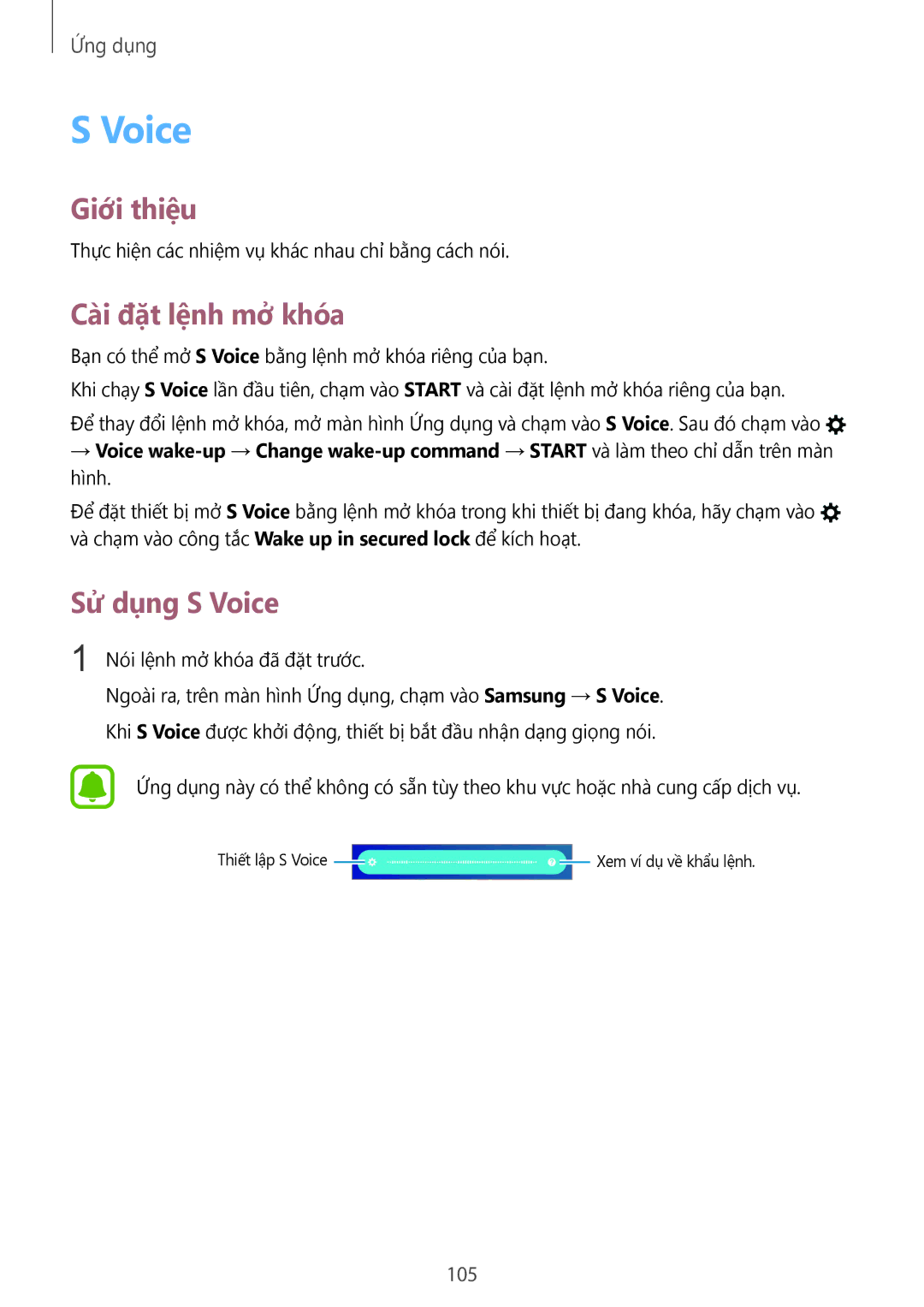 Samsung SM-G930FZDUXXV, SM-G930FZKUXXV, SM-G930FZSUXXV manual Cà̀i đặt lệnh mở khóa, Sử dụng S Voice, 105 