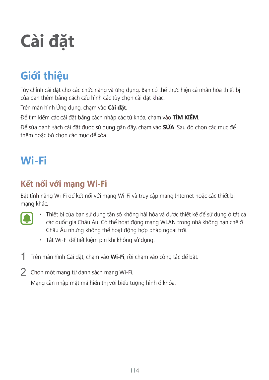 Samsung SM-G930FZDUXXV, SM-G930FZKUXXV, SM-G930FZSUXXV manual Giới thiệu, Kết nối với mạng Wi-Fi, 114 