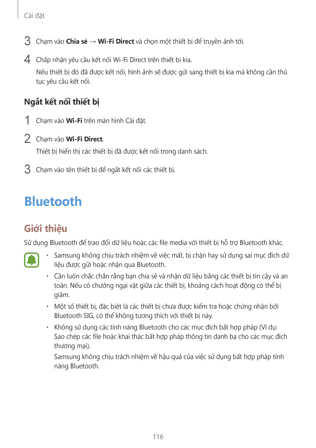 Samsung SM-G930FZSUXXV, SM-G930FZDUXXV, SM-G930FZKUXXV manual Bluetooth, Ngắt kết nối thiết bị, 116 