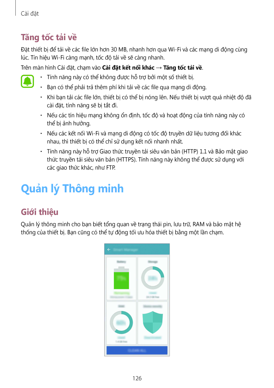 Samsung SM-G930FZDUXXV, SM-G930FZKUXXV, SM-G930FZSUXXV manual Quản lý Thông minh, Tăng tốc tải về, 126 