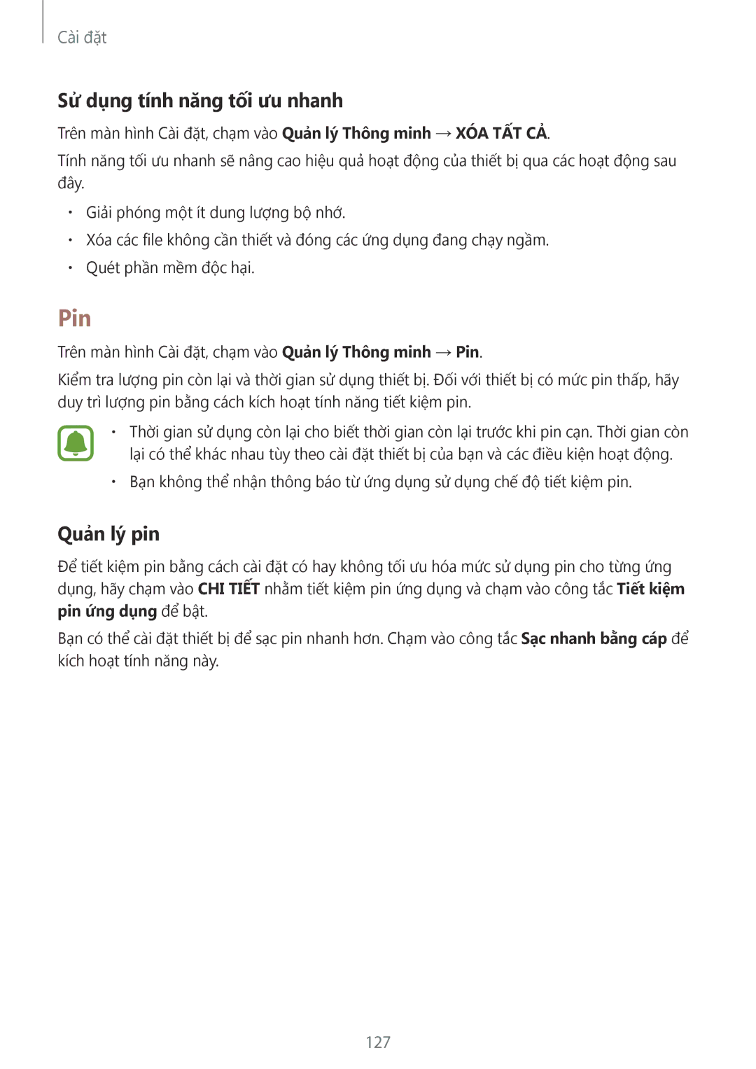 Samsung SM-G930FZKUXXV, SM-G930FZDUXXV, SM-G930FZSUXXV manual Pin, Sử dụng tính năng tối ưu nhanh, Quản lý pin, 127 