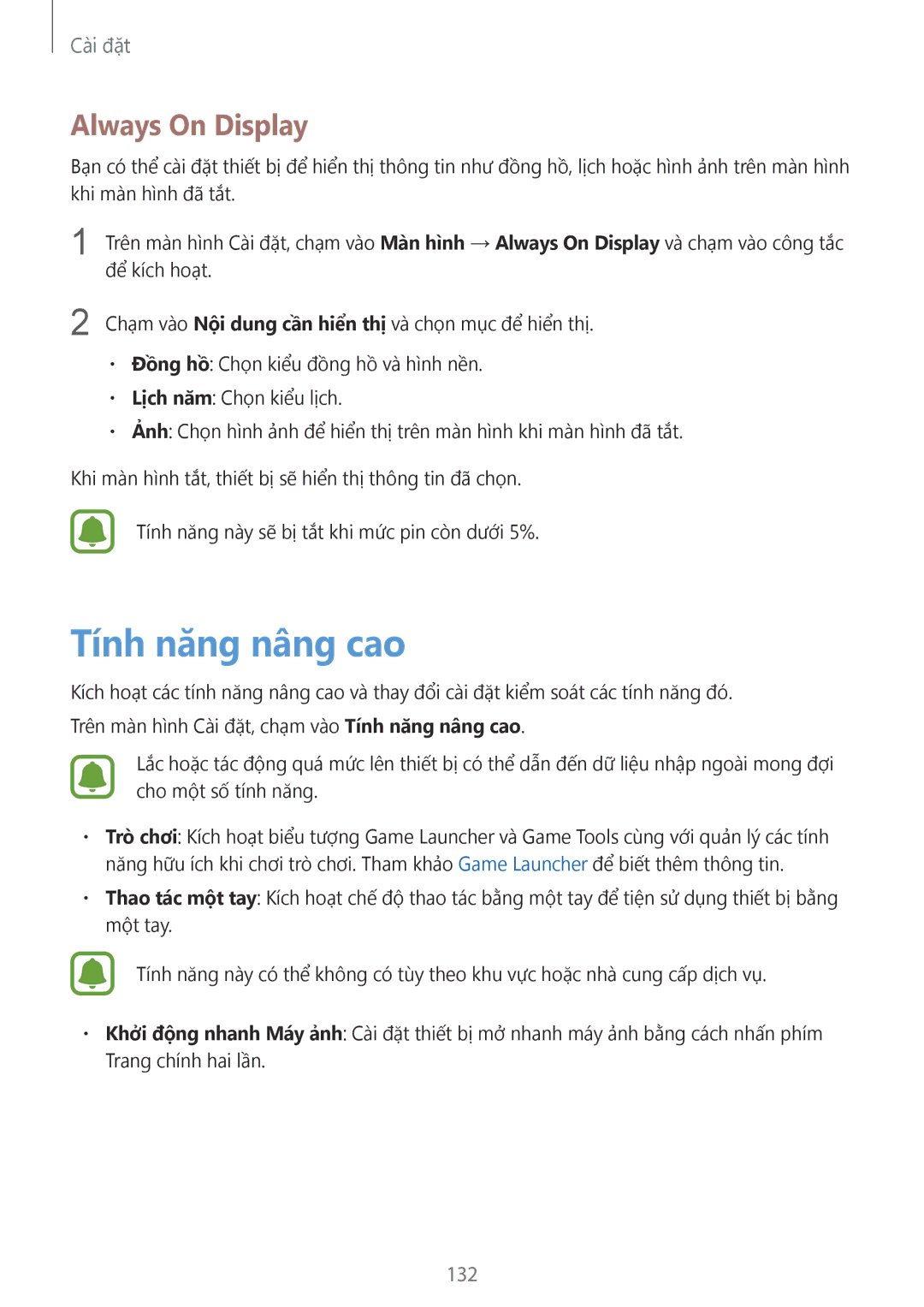 Samsung SM-G930FZDUXXV, SM-G930FZKUXXV, SM-G930FZSUXXV manual Tính năng nâng cao, Always On Display, 132 
