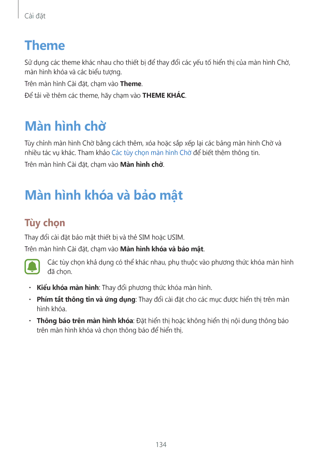 Samsung SM-G930FZSUXXV, SM-G930FZDUXXV, SM-G930FZKUXXV manual Theme, Mà̀n hình khóa và̀ bảo mật, 134 