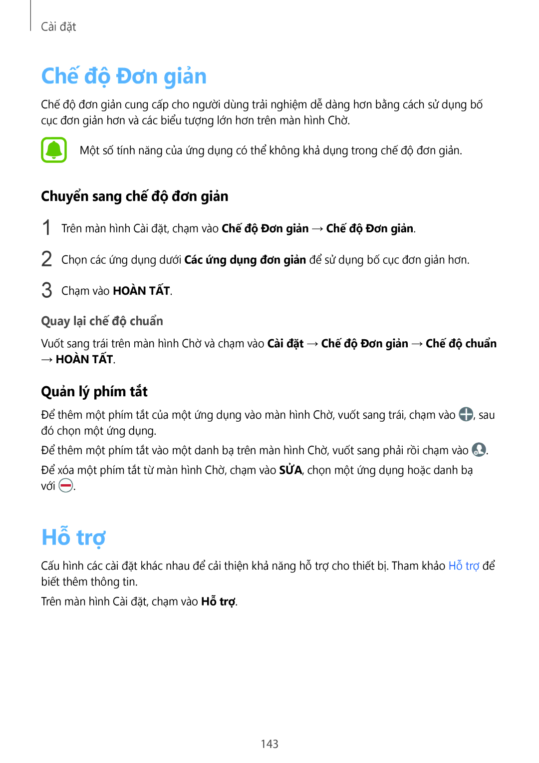 Samsung SM-G930FZSUXXV, SM-G930FZDUXXV manual Chế độ Đơn giản, Hỗ trợ, Chuyển sang chế độ đơn giản, Quản lý phím tắt, 143 