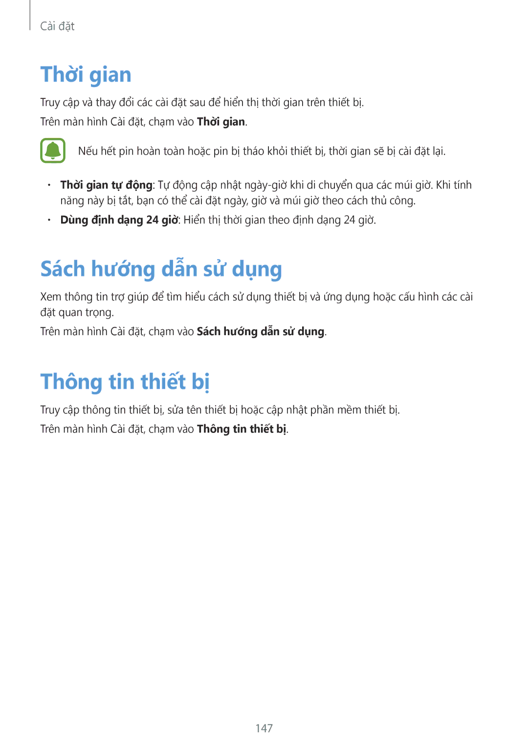 Samsung SM-G930FZDUXXV, SM-G930FZKUXXV, SM-G930FZSUXXV manual Thời gian, Sách hướng dẫn sử dụng, Thông tin thiết bị, 147 