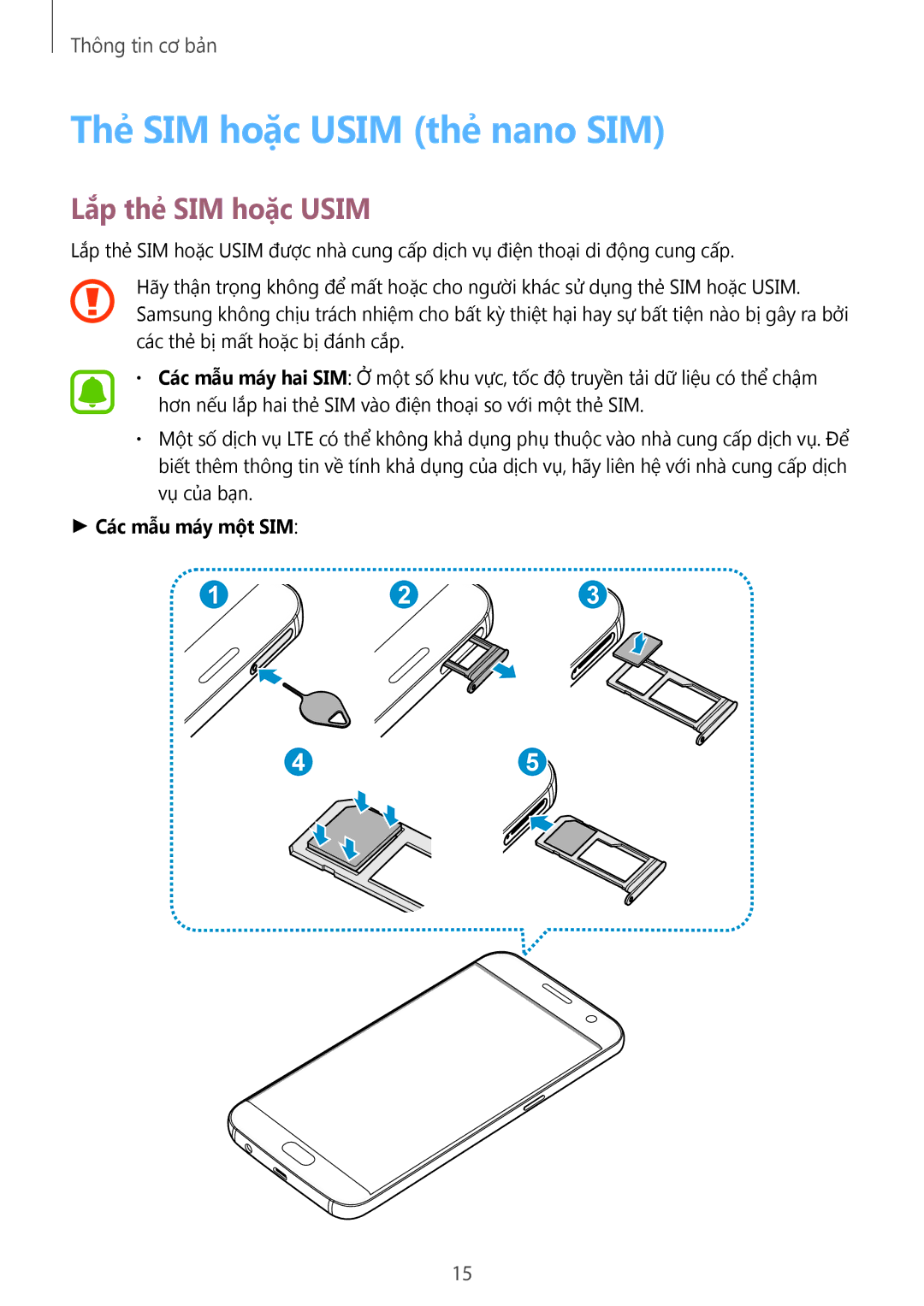 Samsung SM-G930FZDUXXV, SM-G930FZKUXXV manual Thẻ SIM hoặc Usim thẻ nano SIM, Lắp thẻ SIM hoặc Usim, Các mẫu máy một SIM 