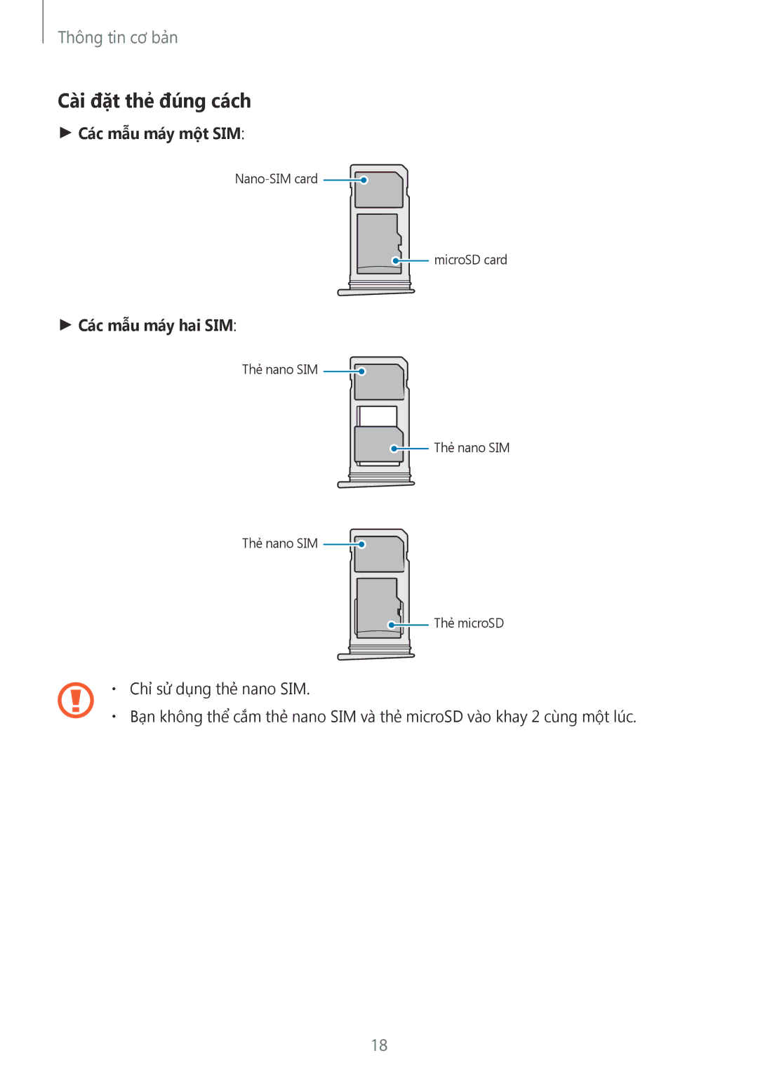 Samsung SM-G930FZDUXXV, SM-G930FZKUXXV, SM-G930FZSUXXV manual Cà̀i đặt thẻ đúng cách, Các mẫu máy một SIM 