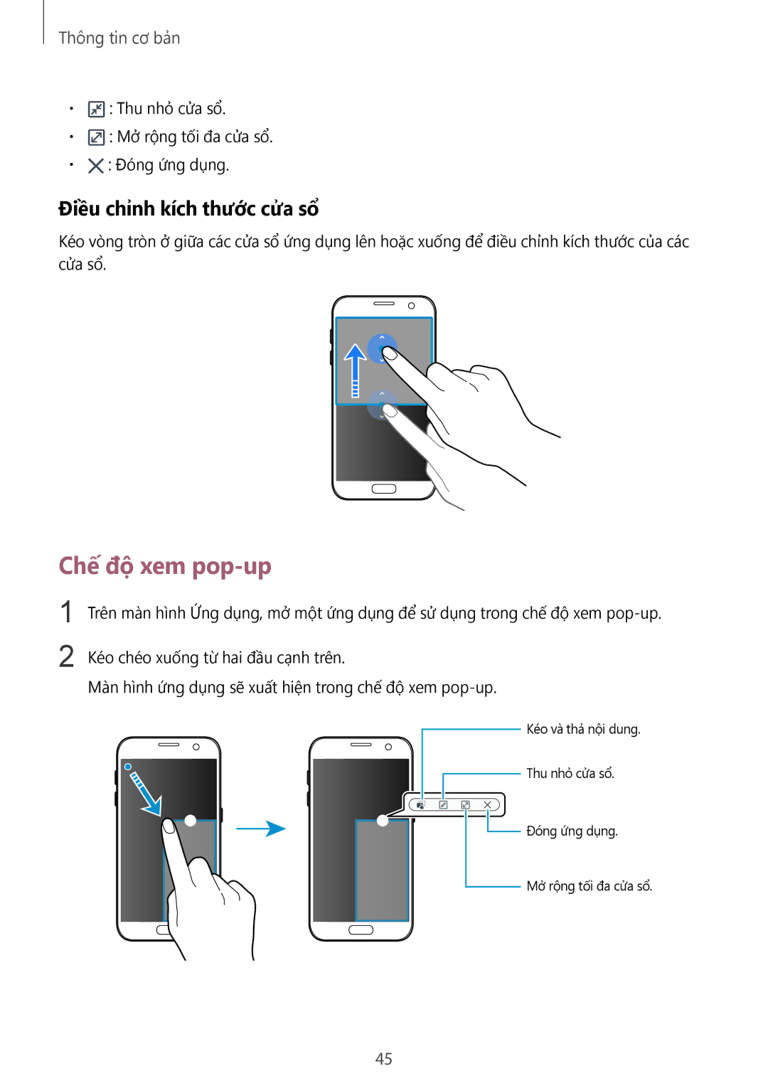 Samsung SM-G930FZDUXXV, SM-G930FZKUXXV, SM-G930FZSUXXV manual Chế độ xem pop-up, Điều chỉnh kích thước cửa sổ 